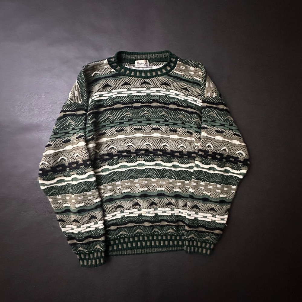 Vtg Protege Sweater Mens Medium Green 3D Knit Coogi Style Made in USA 80s 90s